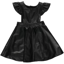 Panço Kız Çocuk kolları Fırfırlı Fermuarlı Deri Elbise Siyah 001