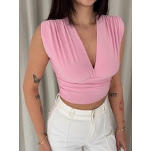 Alfanora Kadın Vatkalı Kolsuz V Yaka Drapeli Crop Bluz Likralı Fit - Pembe