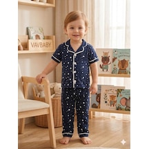 Kız Ve Erkek Çocuk Pamuklu Kruvaze Yaka Önden Düğmeli Yıldız Desenli Mevsimlik Alt Üst Pijama Takım Lacivert