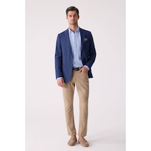 Erkek Lacivert Regular Fit Keten Karışımlı Mono Yaka Ceket