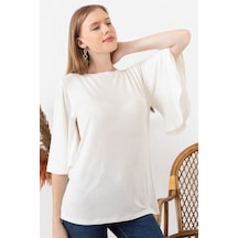 Aqe Fashion Kadın Beyaz Kolu Volanlı Kayık Yaka Bluz-Beyaz