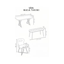 Vien Mutfak Masası Takımı 6 Kişilik Benchli Camlı Mutfak Masası Siyah Gri Siyah Gri