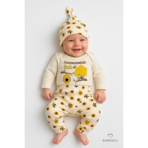 Babyden's Anneannesinin Balı 3 Lü Yenidoğan Takım Pamuklu Uzunkol Body,çiçek Arı Desenli Pantolon,bere Ekru