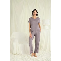 Ang Butik Kadın Kısa Kollu V Yakalı Dantelli Pijama Takımı Gri