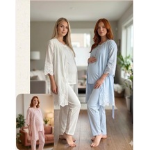 Bone Club Fistolu Vual Penye Hamile Lohusa 3 Lü Pijama Sabahlık Tk Mavi