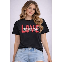 Herkesemoda Love Emamored Baskı Detaylı Basic T-shirt Siyah