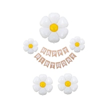 Happy Birthday Banner Ve 5 Li Papatya Folyo Balon Seti Parti Kutlama Seti Beyaz - Sarı