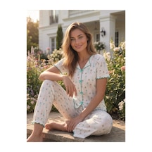 Eyfuze Kadın Baskılı Fiyonk Detaylı Raporlu Kaşkorse Kısa Kollu Pijama Takımı Beyaz-7
