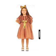 Xo Kids Fırfırlı Bohçalı Ajurlu Melek Kollu Kız Çocuk Elbise 1-5 Yaş 6630 Kahverengi