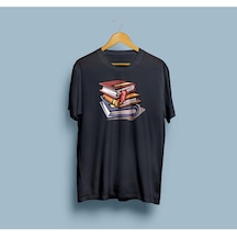 Oversize Üst Üste Kitaplar Baskılı Unisex T-shirt Siyah