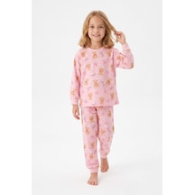 Bunny Hopp Kız Çocuk Uzun Kollu Pijama Takımı %100 Pamuk Ayıcıklı Ve Kalp Desenli Penye Pembe