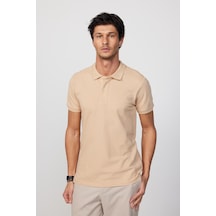 Tudors Erkek Polo Yaka Slim Fit Düz Pamuk Pike Taş Tişört-26807-Taş