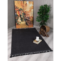 My Evilla Modern Dekoratif Örgü Saçaklı Simirna Peluş Halı Yolluk Antrasit