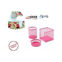 3 Lü Kalemlik Seti Metal Pembe Perfore +küp Not Kağıdı N11.19959