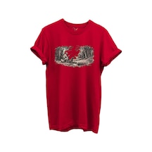 Doğa Ve Avcılık Konseptli Orman Sahnesi Baskılı %100 Pamuk Regular Fit Bisiklet Yaka Unisex T-shirt Kırmızı