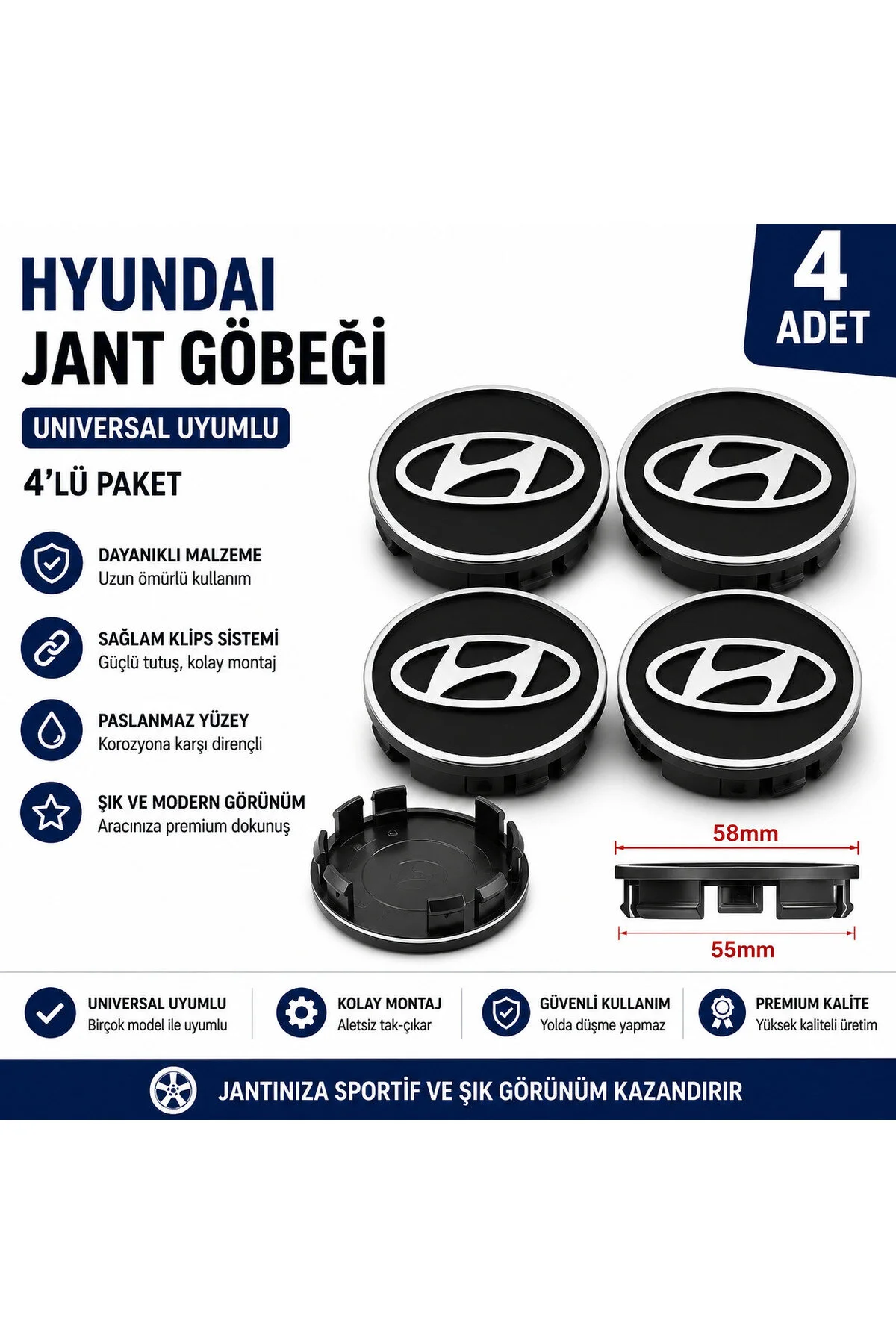Universal Hyundai Jant Göbeği 58mm - 55mm 4 Adet