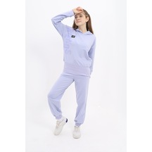 Toontoy Kids Toontoy Kız Çocuk 2'li Takım Baskılı Kapüşonlu Sweatshirt & Beli Paçası Ribanalı Cepli Jogger Eşofman Altı - 2 İplik Açık Lila