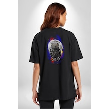 Baykuş Ay Gece Uğur Pamuklu Unisex Oversize Sırt Dijital Baskılı Siyah T-shirt Siyah