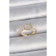 Gold Renk Ayarlanabilir Beyaz Mineli Kedi Model İnci Detay Kadın Yüzük - Ebj261410w29245 Bakır