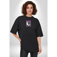 Parlayan Siyah Kedi Siyah Oversize Unisex Ön Orta Minimal Baskılı Tişört Siyah