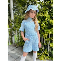 Trendimizbir İnci Detaylı Kumaşı Güpürlü Kız Çocuk Şapka & Kolye Aksesuarlı 5'li Takım-4549 - Mavi
