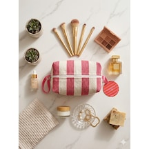 Faralyalife Çizgili Fermuarlı Taşıma Kulplu Makyaj Çantası 20x20 Cm %70 Pamuk %30 Polyester Kozmetik Kadın Makyaj Çantası