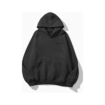 Uyguntarz Unisex Yumuşak Dokulu Cep Kalp Baskılı Tasarım Oversize 3 İplik Hoodie Sweatshirt Gri
