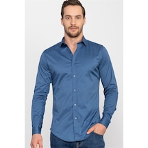 Tudors Slim Fit Dar Kesim Likralı Düz Saten Erkek Gömlek-19937 Mavi