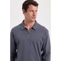Tudors Erkek Relax Fit Rahat Kesim %100 Pamuk Yarım Fermuarlı Polo Yaka İnterlok Antrasit Sweatshirt-42172 Antrasit