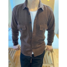Koyu Kahverengi Erkek Slim Fit Düğmeli Yaka Çift Cepli Düz Oduncu Gömlek Kahverengi