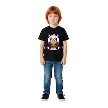 Paybuy Çocuk Karikatür Panda Burger Baskılı Kısa Kollu Tişört %100 Pamuk Siyah