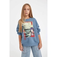 Defacto Kız Çocuk Hatsune Miku Relax Fit Bisiklet Yaka İçi Yumuşak Tüylü Sweatshirt D1120a824auın242 İndigo