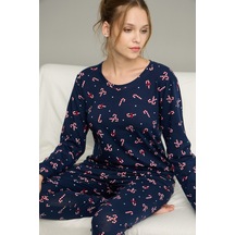 Siyah İnci Şeker Desenli Örme Pamuklu Pijama Takım25240239 Lacivert