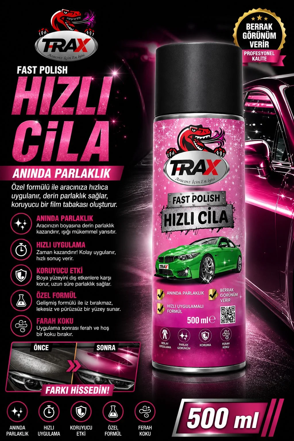 T-rax Oto Hızlı Cila 500 Ml Araç Boya Koruma Ve Parlatıcı Aerosol