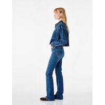 Koton Pamuklu Yüksek Bel Düğmeli İspanyol Paça Denim Pantolon - Flare Jeans Orta İndigo 7wal40132md