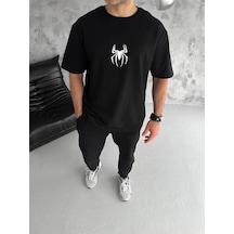 Erkek Kısa Kol Tişört Bisiklet Yaka Örümcek Baskılı Oversize T-shirt - Siyah