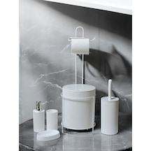 Metalshop 6 Parça Banyo Seti Metal Stantlı Çöp Kovalı Wc Kağıtlık Ve Tuvalet Fırçası Katı - Sıvı Sabunlu Beyaz