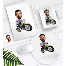 Kişiye Özel Bay Motorcu Karikatürlü Defter Kalem Kupa Mouse Pad Set