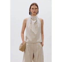 Suud Collection Bej Marty Halter Yaka Poplin Bluz