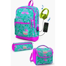 Coral High Kids Su Yeşili Pembe Flamingo Desenli Usb'li 3 Lü Okul Çanta Seti Set0123812