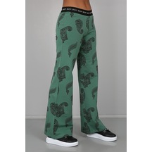 Yeşil Siyah Etnik Desenli Şerit Detaylı Geniş Paçalı Pantolon