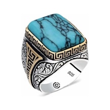 Hk Gümüş Erkek Yüzük Çizgili Turkuaz Taşlı Köşeli Gümüş Takı Hediyelik Ürünler-202206 Çok Renkli