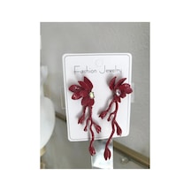 Taş Detaylı Küpe Bordo