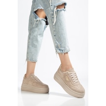 Bahrina Kadın Beyaz Cilt Kalın Taban Tokalı Sneaker Bej Süet