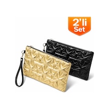 Adelina Bags 2'li Çanta Paketi Yıldız Desenli Portföy El Çantası Bilek Askılı Clutch Çanta Gold