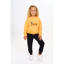 Toontoy Kids Toontoy Kız Çocuk 2'li Takım Baskılı Bisiklet Yaka Sweatshirt & Beli Paçası Lastikli Jogger Eşofman Altı 2 İplik Turuncu