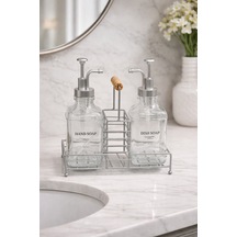 Buççin Online Mağaza Metal Stantlı 2 X 500 Ml Cam Sıvı Sabunluk Deterjanlık Seti Bambu Tutacak Şık Başlık Cam Gümüş Çok Renkli