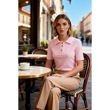 Benerly Kadın Bluz Vücuda Oturan Polo Yaka Standart Kısa Kol Düğmeli Riba Pembe