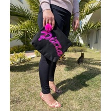 Pul Payetli Pizza Yazılı Pembe Siyah Ponponlu Portföy Clutch El Ve Makyaj Çantası 28x26 Cm Renkli