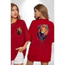 Renkli Yağlı Boya Aslan Kırmızı Oversize Unisex Ön Ve Sırt Baskılı Tişört Kırmızı